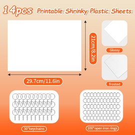 Gushu 144 Pieces Printable Shrinky Dink Sheets Kit - 8.3 x 11.6 inch Shrink Paper Keychain Craft Set with 14 Sheets, 30 Keychains and 100 Rings for Kids DIY Handprint Art