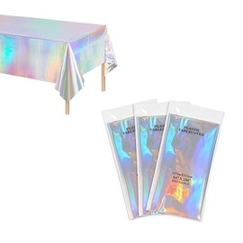 3 Pack Iridescent Tablecloths Party, 54x108 Inches Holographic Foil Table Covers, Rectangle Disposable Plastic Table Covers for Birthday, Wedding, Baby Shower, Christmas, and Party Decorations