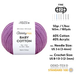 HobbyMia Baby Cotton Yarn for Crocheting - 50g / 180yds - (2) Fine, Sport Weight Yarn - Amigurumi Yarn for Crochet Thread - 60% Cotton & 40% Acrylic & 10 Stitch Makers (Dark Lilac, 4 Balls)