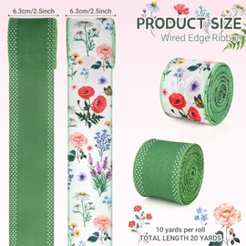 2Rolls 20 Yards Vintage Floral Wired Edge Ribbon, Green Wildflowers Butterfly Fabric Ribbon for Gift Wrapping Bow Wreath Making for Spring Wedding Bridal Shower Crafts Supplies