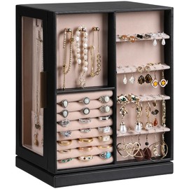 Frebeauty 360° Rotating Jewelry Box,PU Leather Jewelry Organizer with 6 Drawers,Large Jewelry Storage,Clear Window,Golden Handle,Vertical Jewelry Holder for Earrings Necklace,Gift for Women(Black)