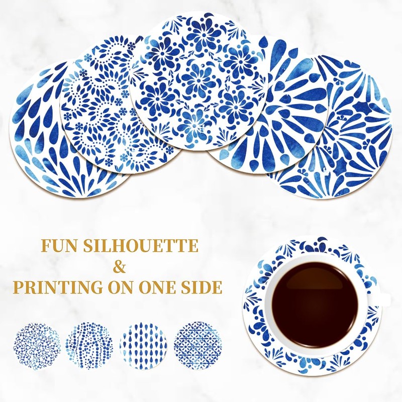 BENECREAT 9 Pieces Coasters for Drinks, Blue Watercolour Coasters in