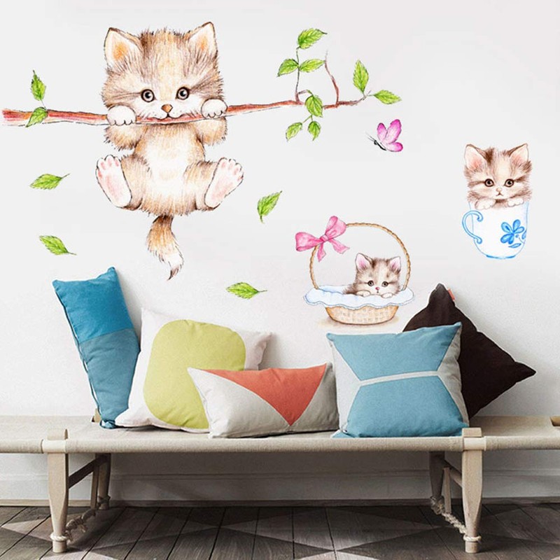 Kiddale Cute Cat Wall Decals,Removable Cat Tree Branches Butterfly Wall