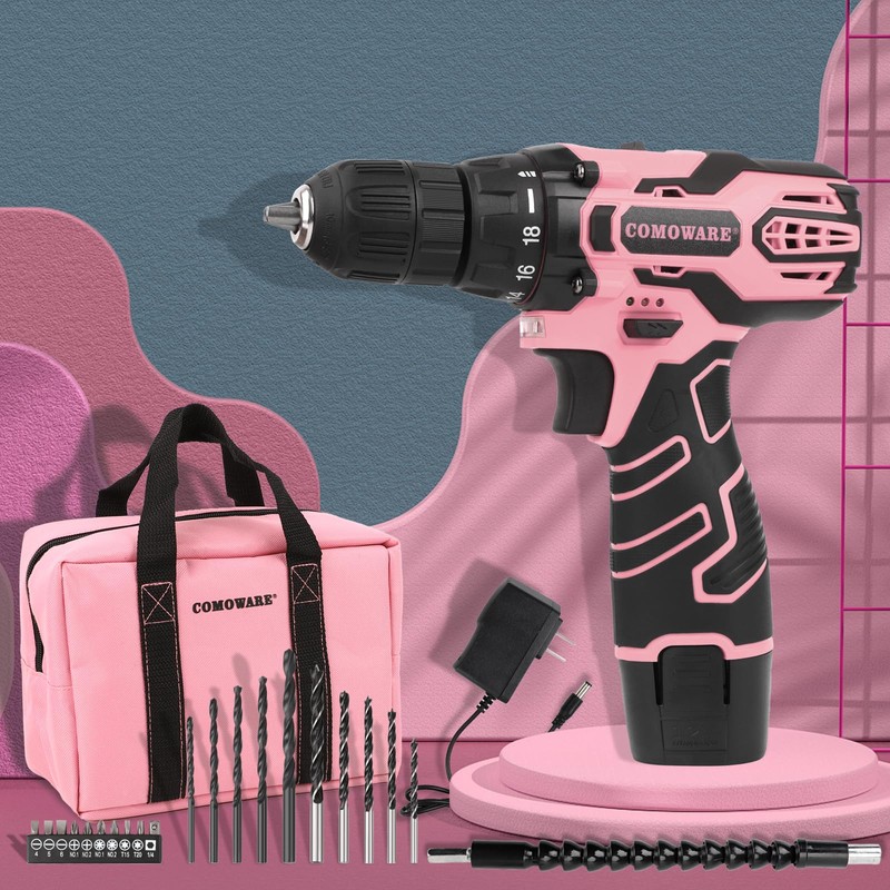 COMOWARE Pink Cordless Drill Set for Women, 12V Lightweight Electric