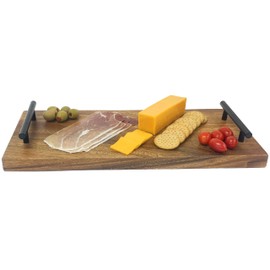 Woodard & Charles Acacia Wood 16" Serving Board Tray with Metal Hands, for Serving, Charcuterie, Appetizers, Sushi, Bread, Meat, Fruit, and More