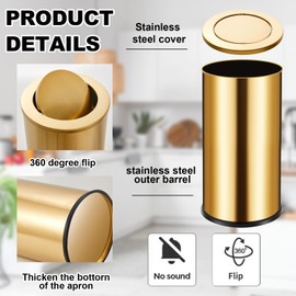 Reallnaive 18L/4.7GAL Gold Lidded Trash Can with 100 Garbage Bags Metallic Gold Brass Kitchen Garbage Bin with Flip Lid Commercial Compact Waste Basket for Shopping Centers, Elevator Doors, Hotels