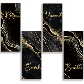4 Pieces Black And Gold Bathroom Decor Gold Wall Decor with Relax Soak Unwind Breathe Wall Art Rustic Vintage Farmhouse Wooden Hanging Signs for Home Laundry Spa Living Room (Black Gold, 10 x 4 Inch)