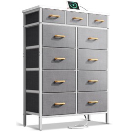 Casaottima Dresser with Charging Station, 52-Inch Tall Dresser for Bedroom, Large Dresser with 11 Storage Drawers, Fabric Chest of Drawers for Living Room, Light Grey