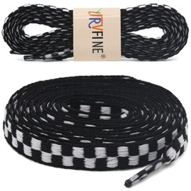 YJRVFINE Flat Checkered Shoe Laces: Wide 5/16" Patterned Shoelaces for Sneakers Black White 45.28 Inch 1 Pair