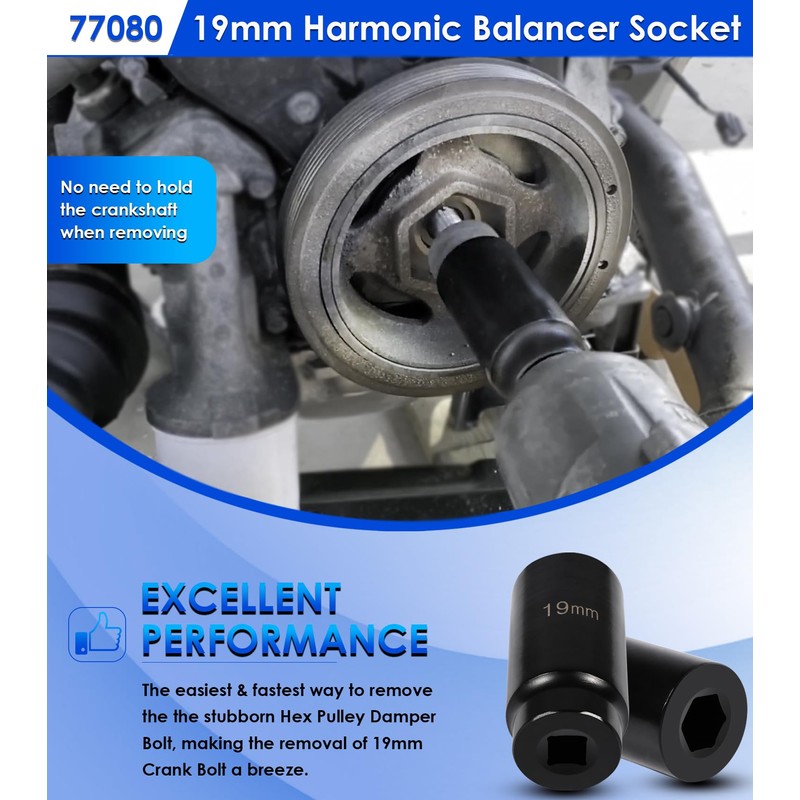 Harmonic Balancer Socket 77080 Tool for Honda 19mm Crank Bolt,