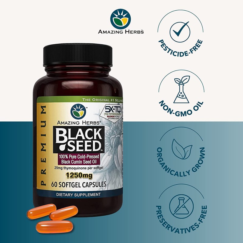 Amazing Herbs Premium Black Seed Oil Capsules - High Potency,