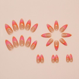 Almond Press on Nails Medium Fake Nails with Glod Lines & French Tip Designs Glossy Glue on Nails Orange Gradient False Nails Cute Acrylic Nails Nude Artificial Stick on Nails for Women 24Pcs