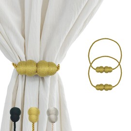 Magnetic Curtain Tiebacks 2 Pack | Rope Decorative Drapery Holder | No Drill Gourd & Loop Design | Curtain Accessories for Indoor Outdoor Window Decor (Gold)