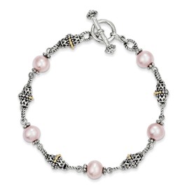 Solid 925 Sterling Silver 14k Yellow Gold 9-10mm Freshwater Cultured Pink Pearl 7.5in Bracelet 7.5"