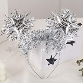 Dusenly Happy New Year Headband Tiara Star Hairband Headdress Hair Accessory for New Years Eve Party Decoration Supplies (Silver)