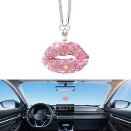 gunroil 1 PC Bling Car Interior Rearview Mirror Pendant, Inlaid with Rhinestones Sexy Lips Creative Hanging Ornaments, Glass Anti-Fading Multi-Function, Universal for Cars (Pink)