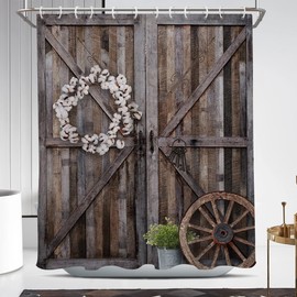 Coxila Barn Door Shower Curtain Rustic Farmhouse Country Western Cabin Farm House Vintage Retro Antique Brown Wooden Plank Board Countryside Village Unique 60 x 72 Inch Polyester Fabric 12 Pack Hooks