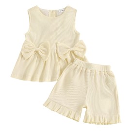 YILEEGOO Toddler Baby Girl Summer Outfits Cotton Baby Clothes Ribbed Sleeveless Bow Ruffled Tank Vest Shirt Tops with Shorts Set (Beige, 2-3T)