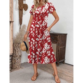 Zeagoo Summer Dresses for Women 2025 Midi Dresses for Women Short Sleeve Casual Dress Floral Sundress with Pockets, Red Flower,XL