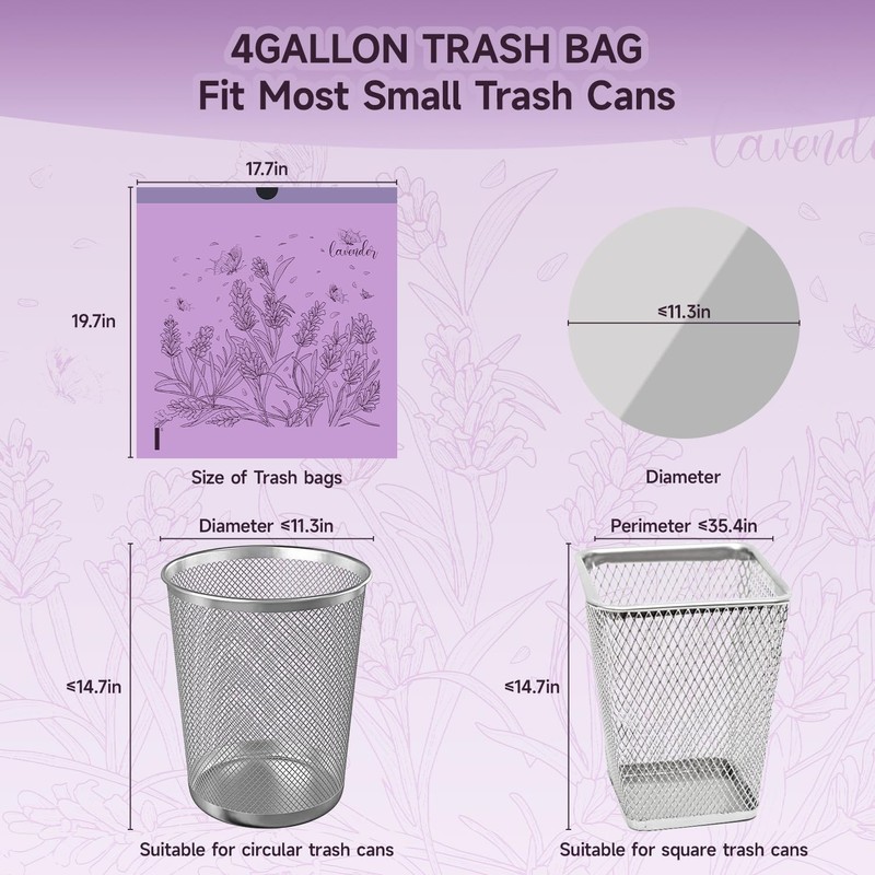 Thryoss Lavender Scented Small Garbage Bags,Trash Bags 4 gallon Drawstring