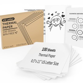 100 Sheets Thermal Printer Paper, 8.5"x 11" US Letter Size - High-Efficiency Durable Printing for Home Work, Printing Contract, Picture, Compatible with Most Thermal Printers (100 Sheets)