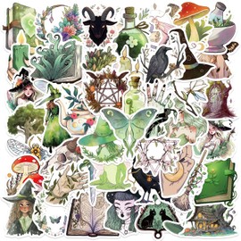 Green Forest Witch Stickers Pack – 50PCS Aesthetic Witchcraft Nature Cottagecore Mystical Waterproof Vinyl Decals for Laptops, Journals, Scrapbooking, Gifts