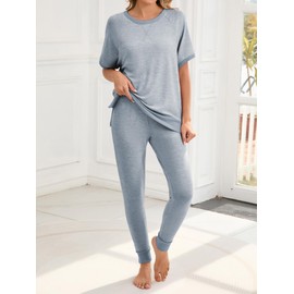 Famulily Pajamas Set for Women 2 Piece Short Sleeve Lounge Outfits Pullover Tops and Jogger Pants Co Ord Sets Sky Blue L