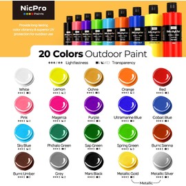 Nicpro 20 Colors Large Bulk Outdoor Acrylic Paint Set (8.45 oz, 250 ml) Rich Art Painting Supplies, Non Toxic for Multi Surface Canvas Rock Wood Leather Fabric Stone Metal Wall Craft with Color Wheel