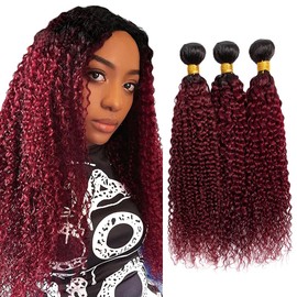 24 26 28 Inch 1B99J Bundles Burgundy Kinky Curly Human Hair Bundles Two Tone Black and Red Bundles Human Hair Burgundy Bundles Ombre 1B99J Curly Bundles Hair Weave