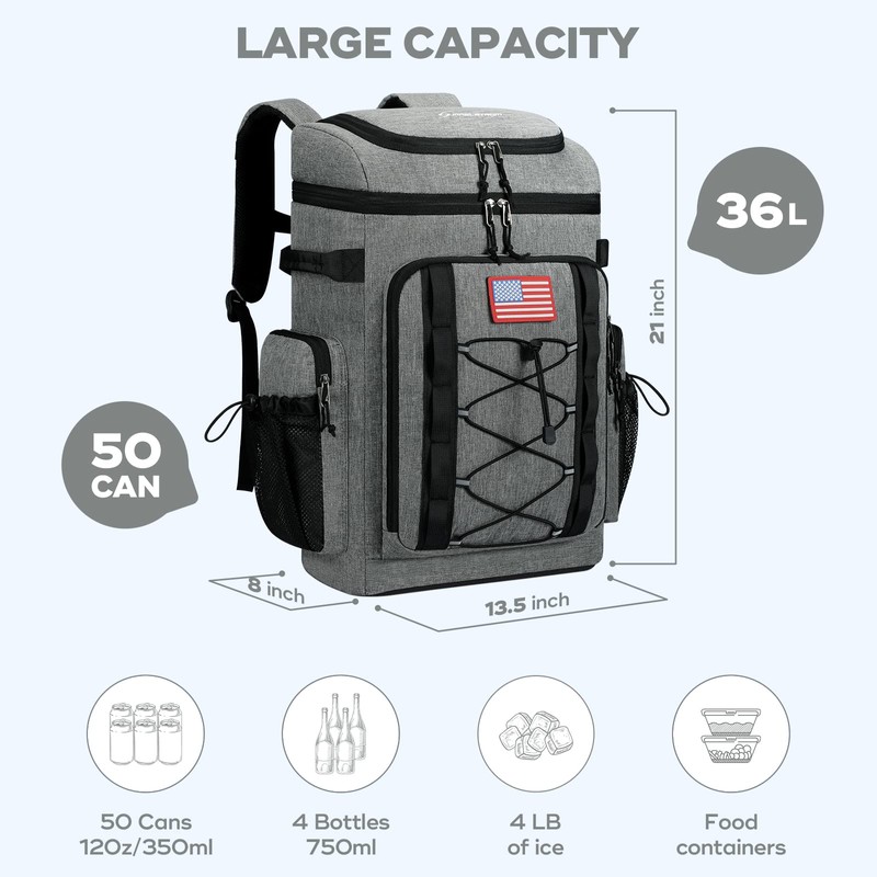 Maelstrom 36L Large Capacity Insulated Cooler Backpack, Grey, 21" x
