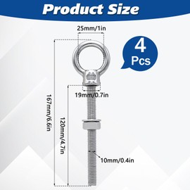 Idota Pack of 4 Eye Bolts M10 Eye Bolt M10 x 167 mm Stainless Steel (M10)