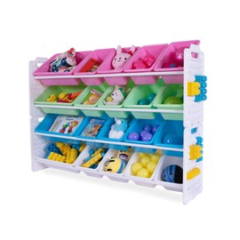 UNiPLAY Toy Organizer with 20 Removable Storage Bins, Multi-Bin Organizer for Books, Building Blocks, School Materials, Toys with Baseplate Board Frame (Pink)