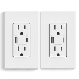 ELEGRP USB Outlet Receptacle, 30W Fast Charge & Power Delivery USB C Wall Outlet, 15 Amp Wall Outlet with USB Ports, Tamper Resistant, UL Listed, Wall Plate Included, 2 Pack, Matte White