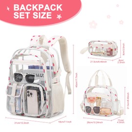 Scothen Clear Backpack for Girls, 3PCS PVC Transparent Girls School Bookbag Heavy Duty Stadium Approved, See Through Backpack Schoolbag for Kindergarten Elementary Middle School Travel