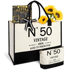 50th Birthday Gifts for Women Canvas Tote Bag Travel Gear,Unique 50 Years Old Gifts for Wife/Mom/Sister/Aunt/Friends/Her, Vintage N°50 Beach Bag & Cosmetic Bag & Back in 1974 Poster