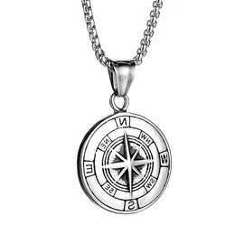 OIDEA Men's Compass Necklace Vintage: Coin Silver Compass Pendant with Venetian Chain Stainless Steel Jewellery Gift for Men Boyfriend Birthday Anniversary, Stainless Steel