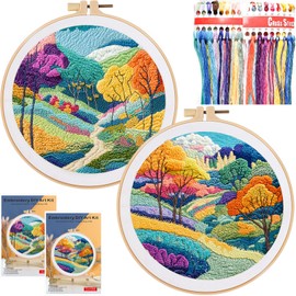 2 Set Embroidery Kit DIY for Adult Beginner, Pre-Stamped Patterns Mountain Sea Embroidery Kits with Hoop, Colored Threads and Needles, Easy to Follow Needlework (Autumn Trees)