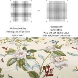 FADFAY Floral Duvet Cover Set 100% Cotton Green and Beige Striped Shabby Flower Bedding Branches Summer Bedding Reversible 600 TC Soft Zipper Comforter Cover & 2 Pillowcases，Full