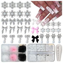 Gehaiwo 182PCS Snowflake Bow Nail Charms 1Box Nail Pearls 1 Box Fluffy Ball Charms，Silver Alloy Nail Accessories White Black Pink Bow Nail Jewels for Nail Art Supplies DIY Nail Craft