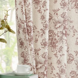 Jinchan - Cortinas florales de mezcla de lino para sala de estar de 63 pulgadas de largo, con estampado de ladrillo, rojo, con bolsillo para barra trasera, diseño de flores de peonía, juego de 2