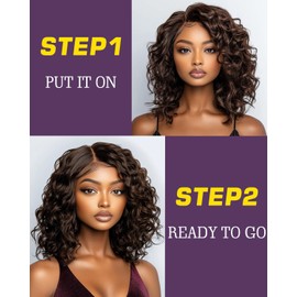 FASHION IDOL Short Curly Human Hair Bob Wigs for Women Wear and Go Deep Wave Lace Front Wig C-Part Shouder Lenth Wig Pre plucked with Baby Hair Natural Black 150% Density