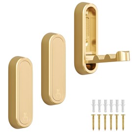 MIFENDUCT 3 Pcs Foldable Wall Hooks, Folding Metal Coat Hooks for Bedroom Closet, Bathroom Towel Hanger Wall Mounted Kitchen Hooks for Hanging Aprons, Brushes, Umbrellas, Keys, Hat, Bags (Gold)