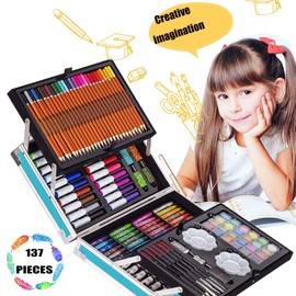 KINSPORY Deluxe Art Supplies Kit for Kids, Boys, Girls, Teens, Ages 5-12, with Sketch Pad, Watercolors, Crayons, Pencils, Markers, Oil Pastels, Palettes, Brushes, Erasers - Blue