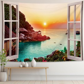 Sunset Sunrise Beach Ocean Window Tapestry Wall Hanging Extra Large Island Coastal Nature Scenery Landscape Fabric Tapestry for Office Bedroom Living College Dorm Room Backdrop Wall Decor 60×80 inch