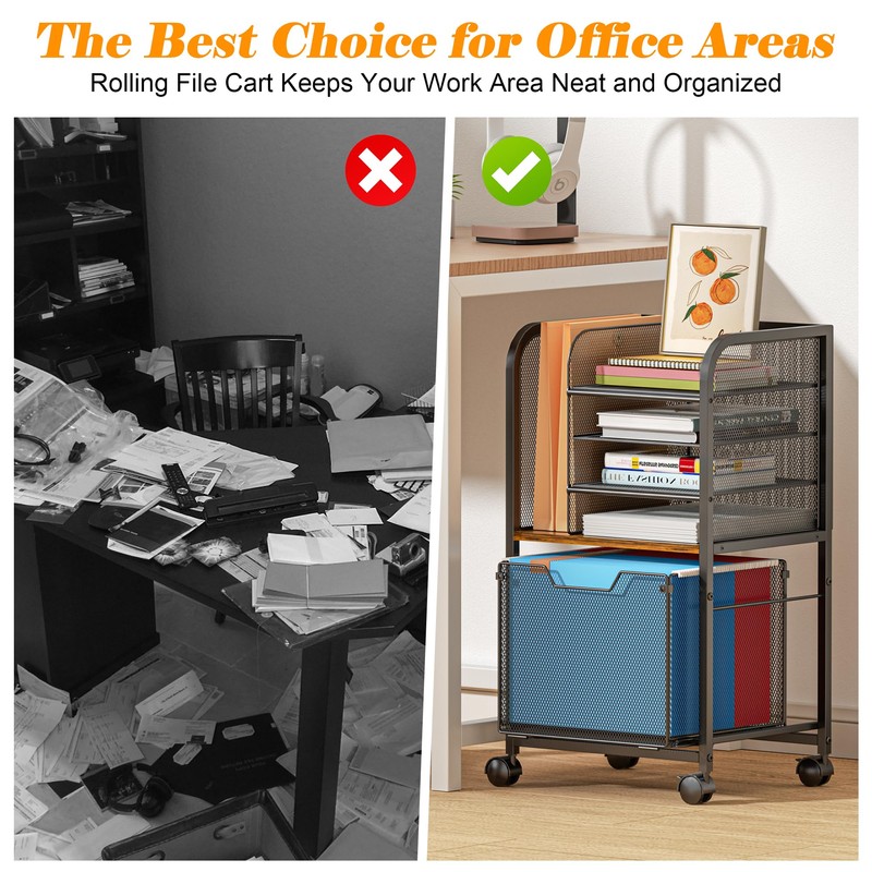 5-Tier Rolling File Cart with Drawers, File Cabinet Organizer for