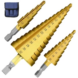 Tworider 3pcs Metric Step Drill Bit, Hss Step Drill Bit Set High Speed Steel Step Bits Set (Metric 4-12mm, 4-20mm and 4-32 Mm) Cone Metal Drill Bits for Plastic, Wood, Stainless Steel Sheet Metal
