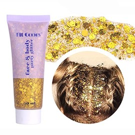 Yeweian Gold Body Glitter, Face Glitter Gel, Mermaid Sequins Lip Eye Nails Hair Body Glitter Makeup, Liquid Holographic Chunky Glitter Festival Rave Accessories, Body Glitter Gel for Women,50g