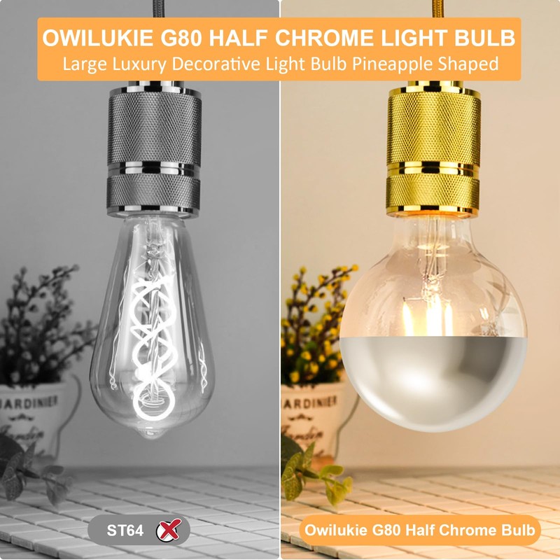 Owilukie Half Silver Chrome Light Bulb 6W (60W Equivalent), Dimmable