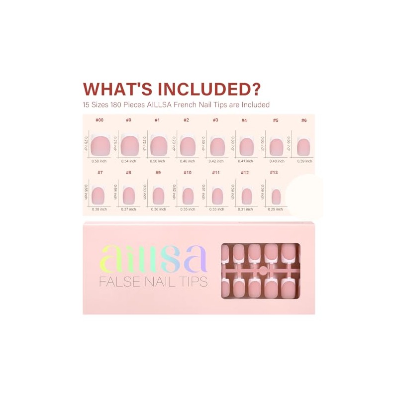 AILLSA Uñas Francesas Cortas Y Cuadradas, 180 Unidades De Uñas