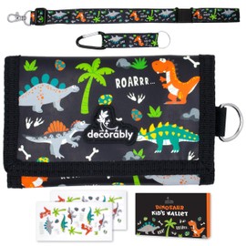Decorably Trifold Dinosaur Kids Wallet for Boys Ages 5-7 with Lanyards, Multi-Compartment Dinosaur Wallet for Boys with Coin Pocket, Card Slots, Stickers